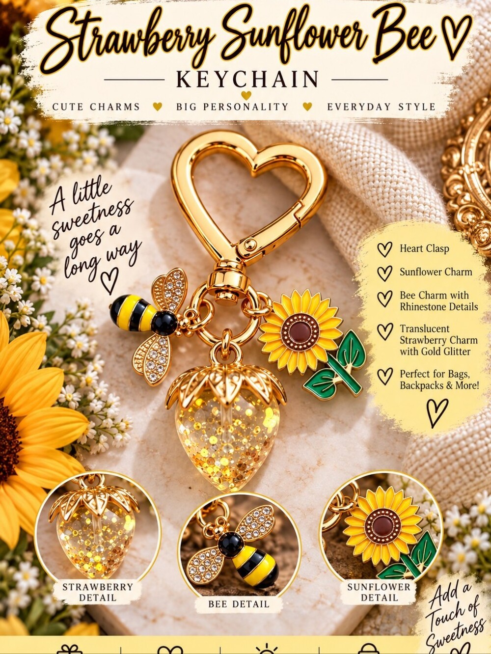 Glittery Strawberry Sunflower Bee Keychain – Gold Tone Charm!!